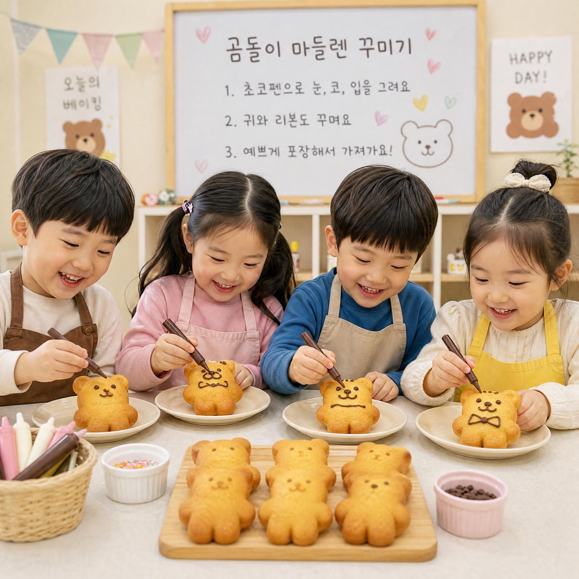 아이들이 곰돌이 마들렌을 직접 꾸미는 체험 수업 현장
